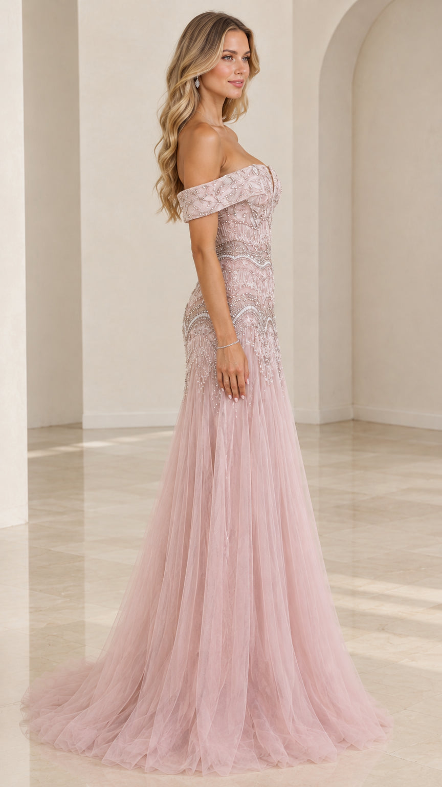 Side profile view of woman wearing Dusty Pink beaded tulle maxi dress