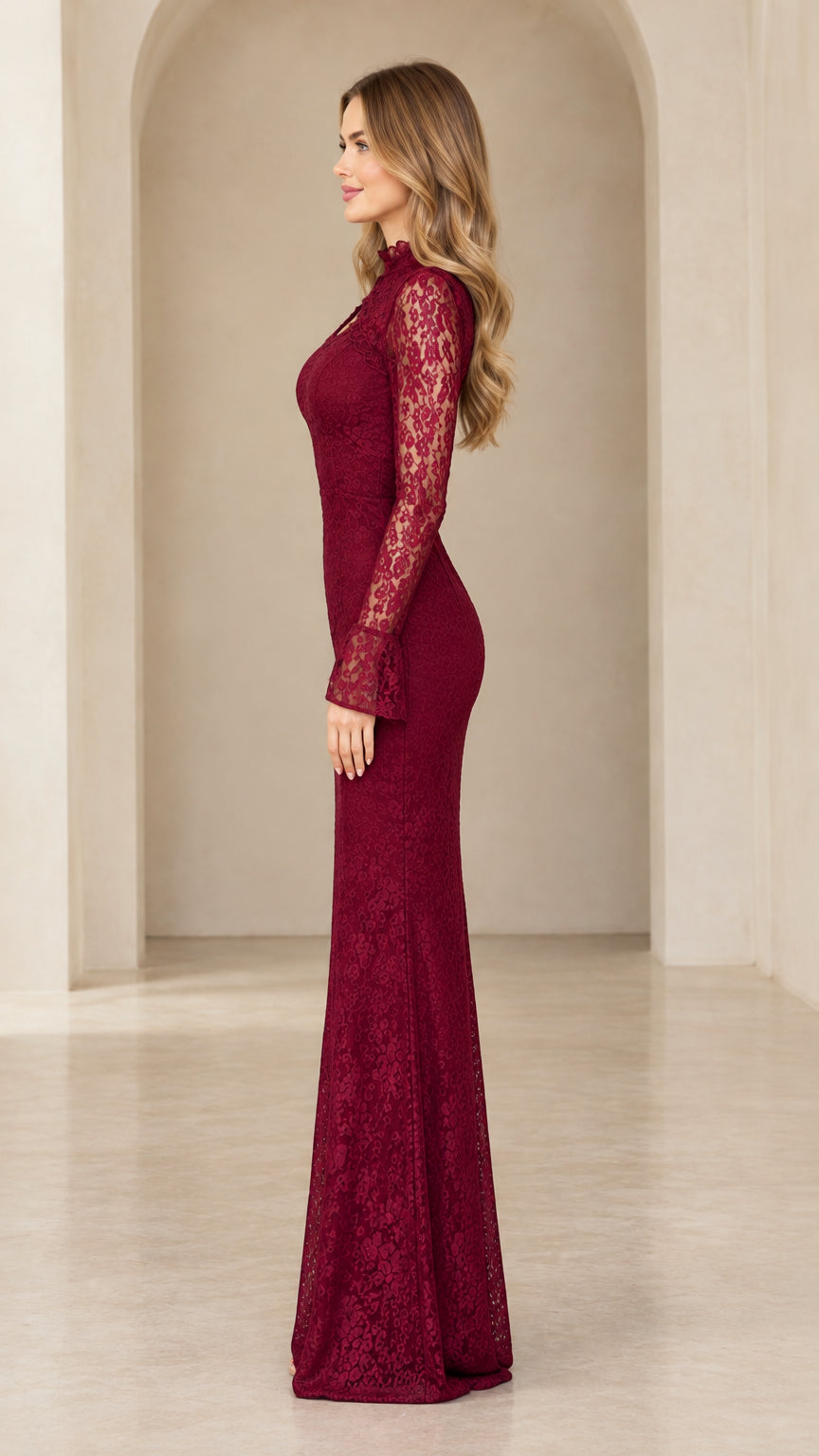Burgundy lace maxi dress side profile view