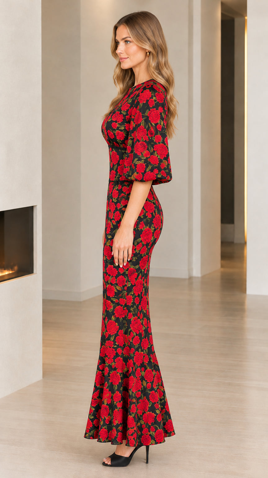 Side profile view of floral trumpet gown showing fitted waist and flared hem