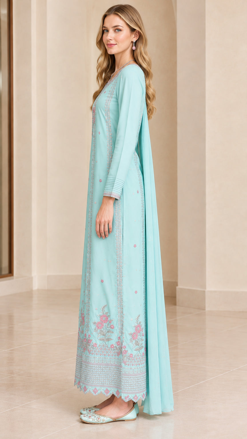 Side view of model wearing sky blue long sleeve embroidered dress