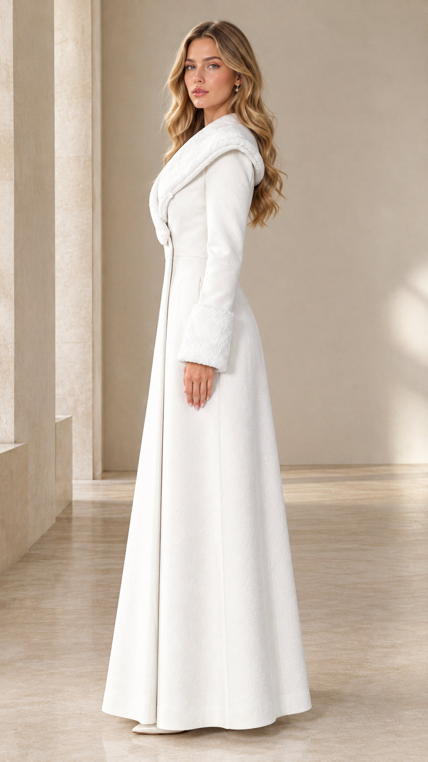 Side profile of elegant white tailored winter maxi coat