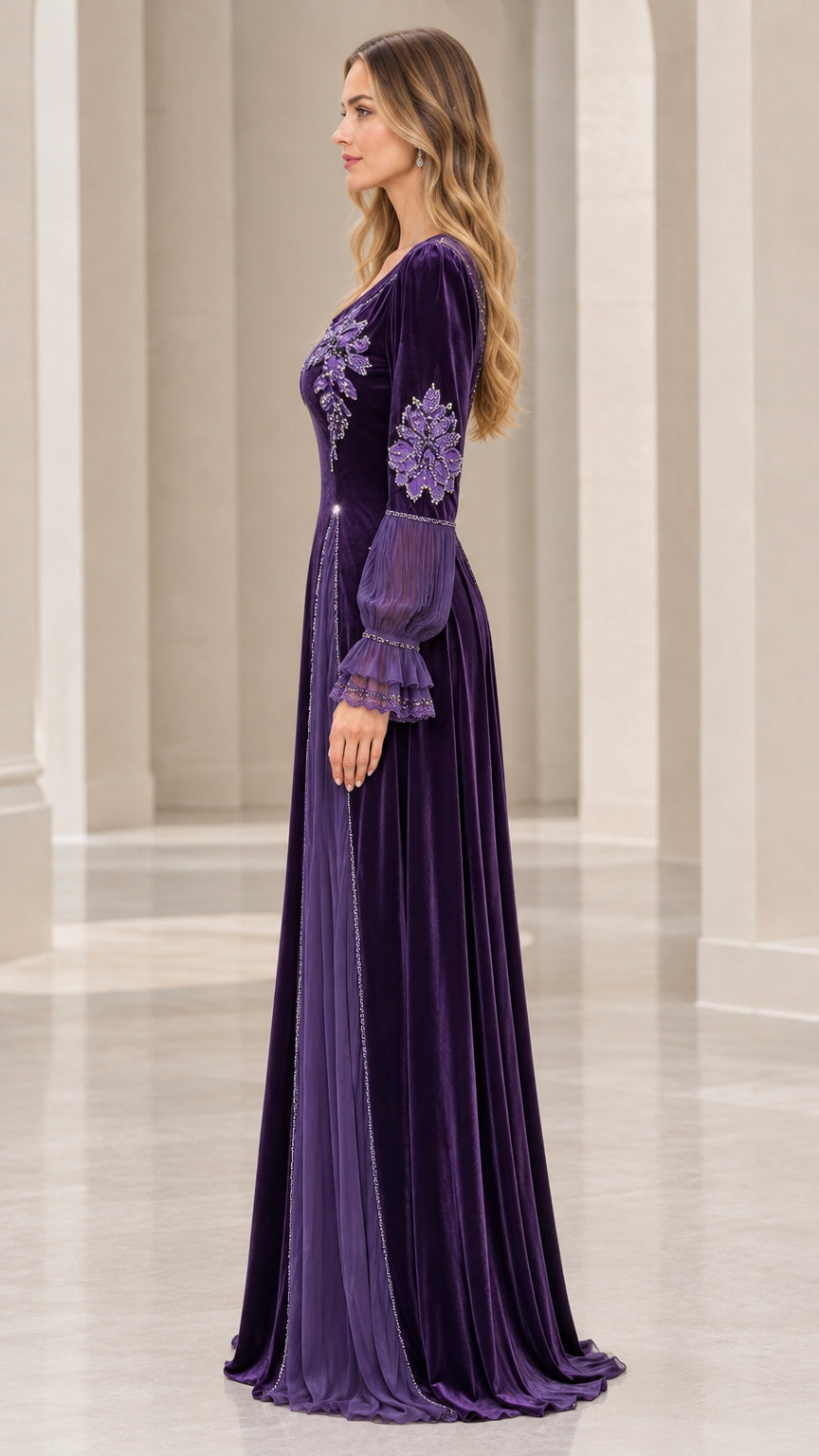 Side profile view of Deep Purple velvet maxi gown showing silhouette and sleeve drape