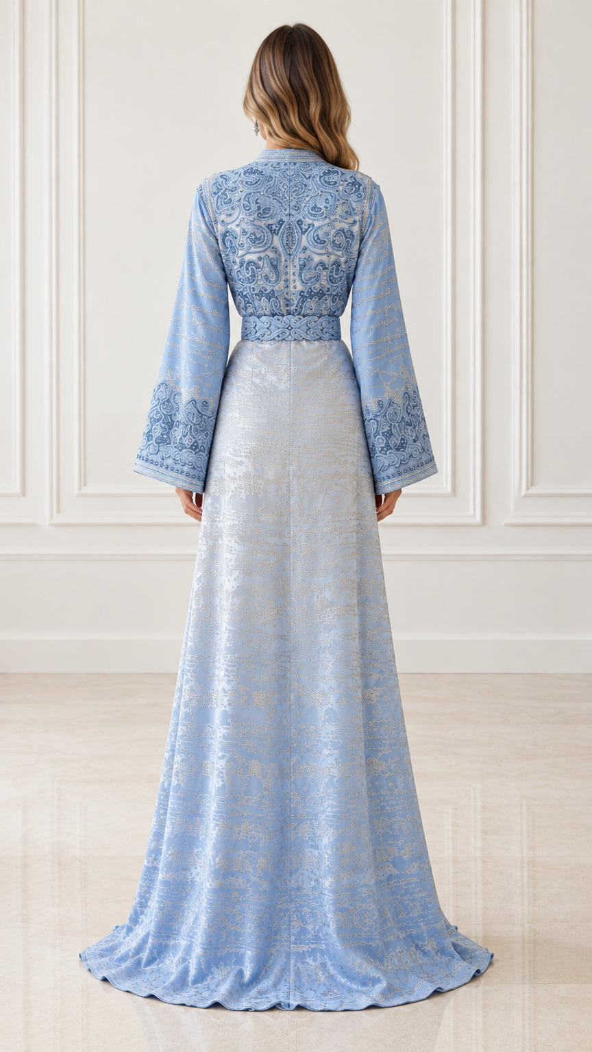 Back view of model in Light Blue floor-length embroidered kaftan dress