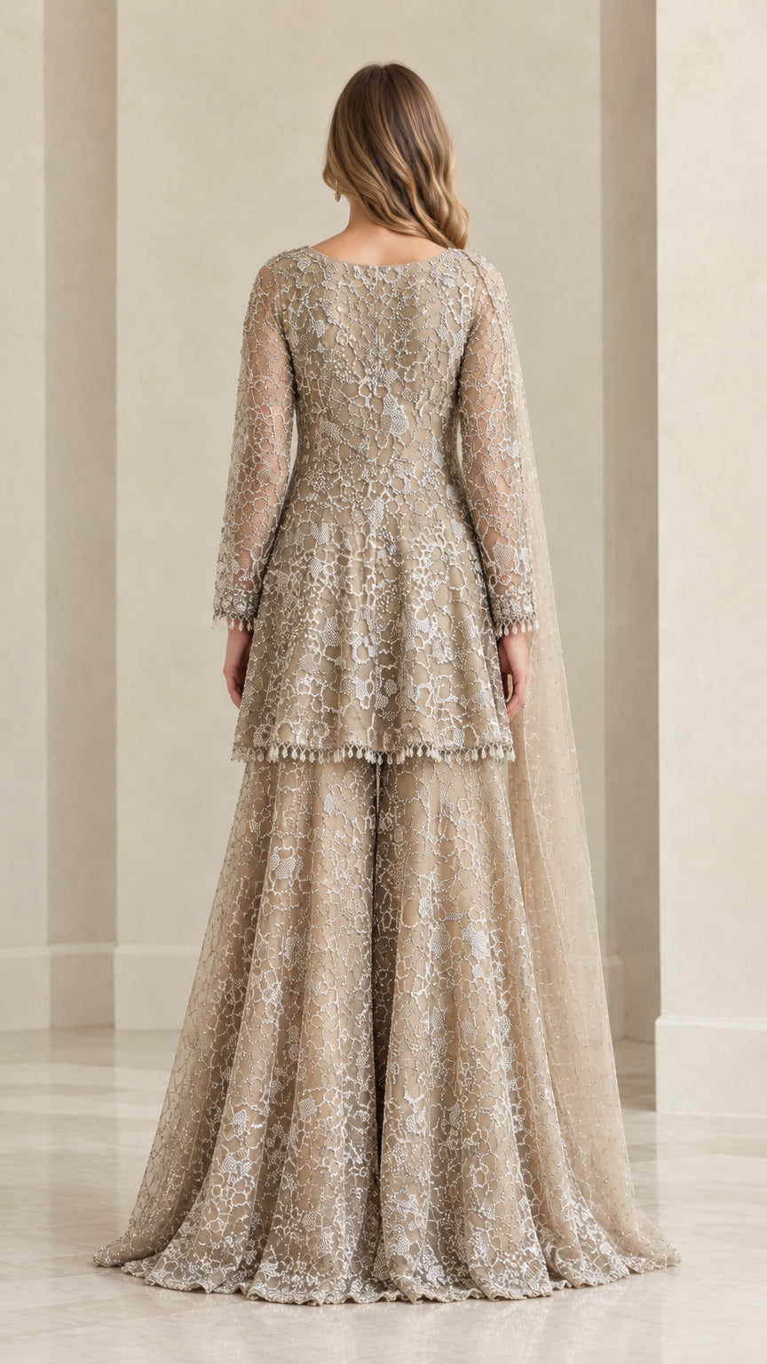 Back view of champagne lace peplum sharara evening suit with sheer drape