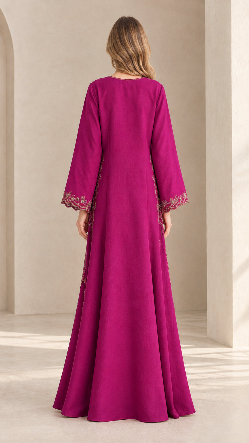 Full back view of model wearing magenta flared skirt set
