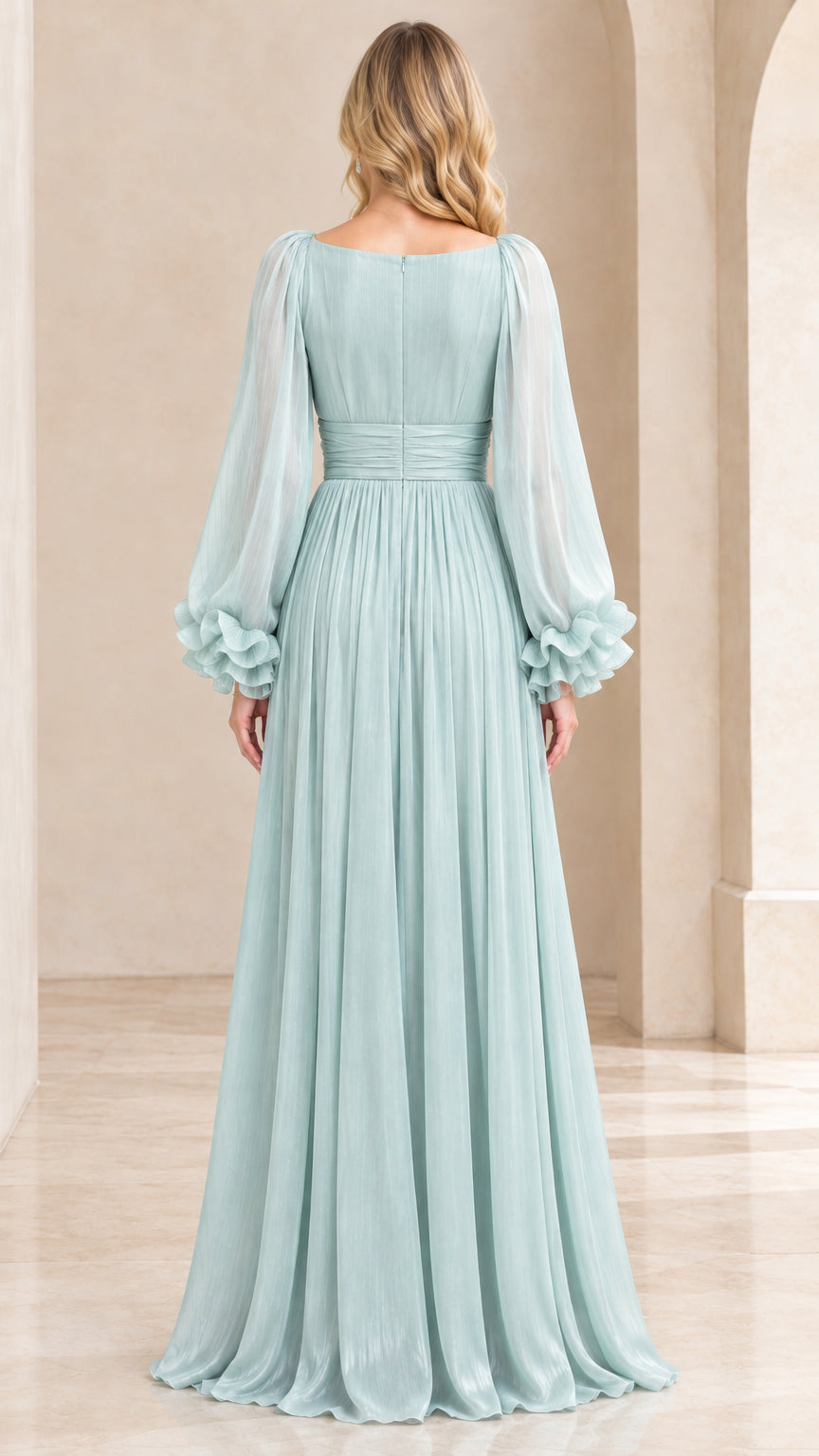 Back view of model wearing Mint Green scoop back pleated chiffon floor-length gown