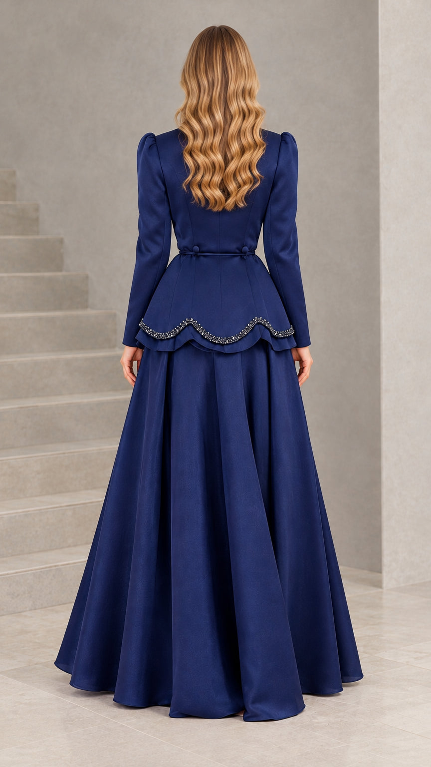 Back view of model wearing Navy Blue long sleeve maxi formal dress with peplum waist