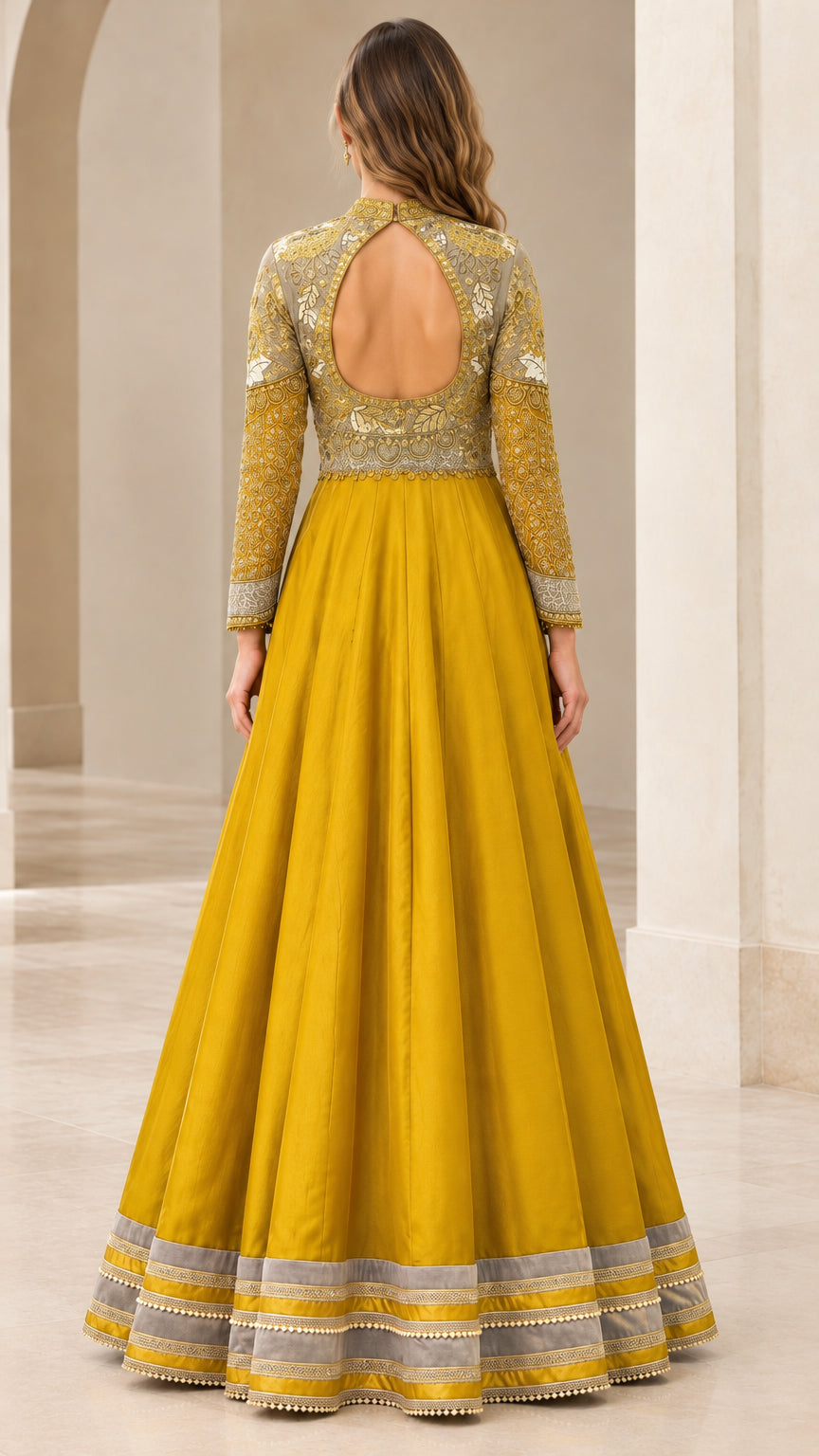 Back view showcasing keyhole cutout on Mustard Yellow embroidered gown