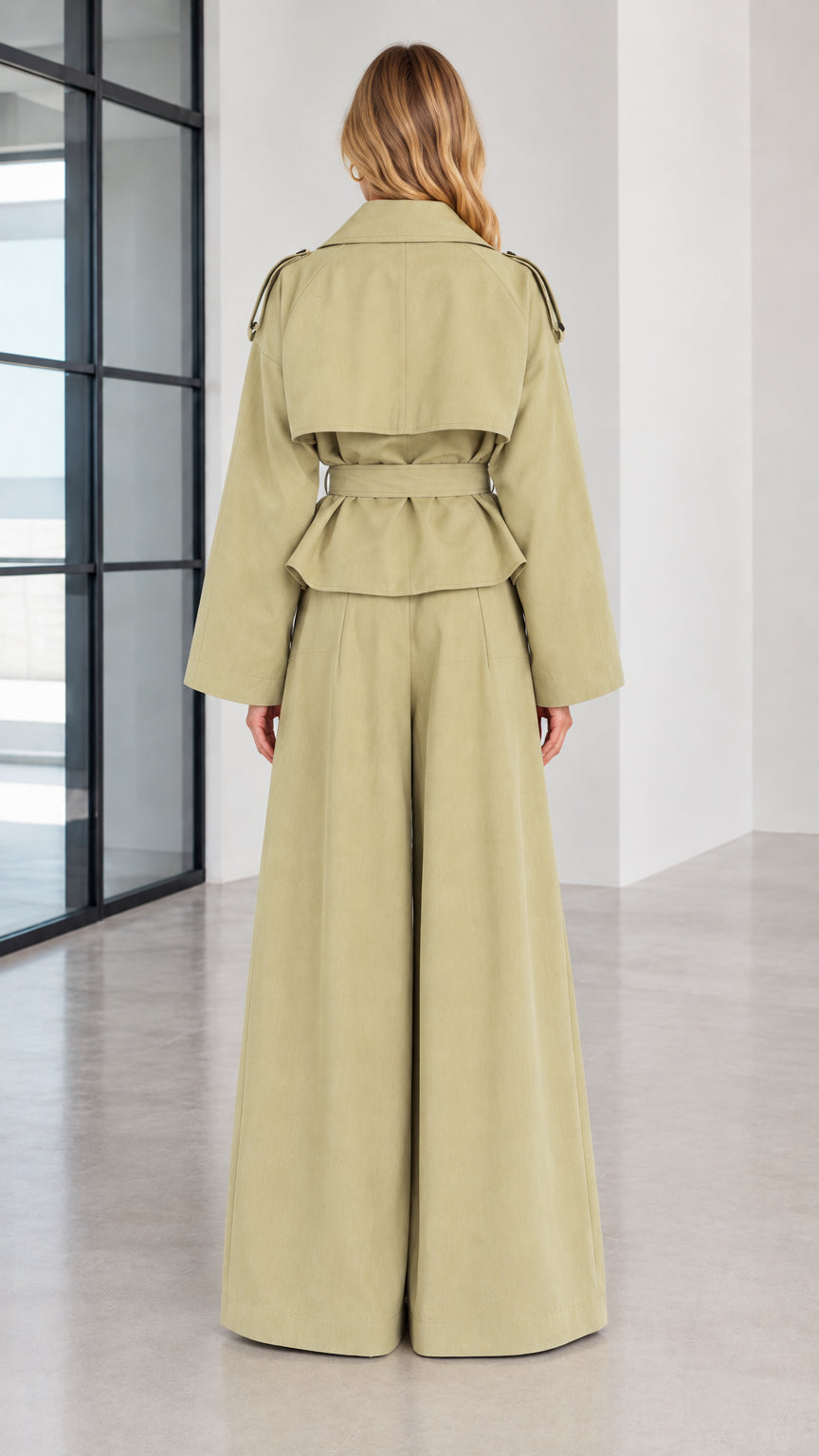 Back view of woman wearing sage green trench jacket with back flap and wide-leg trousers