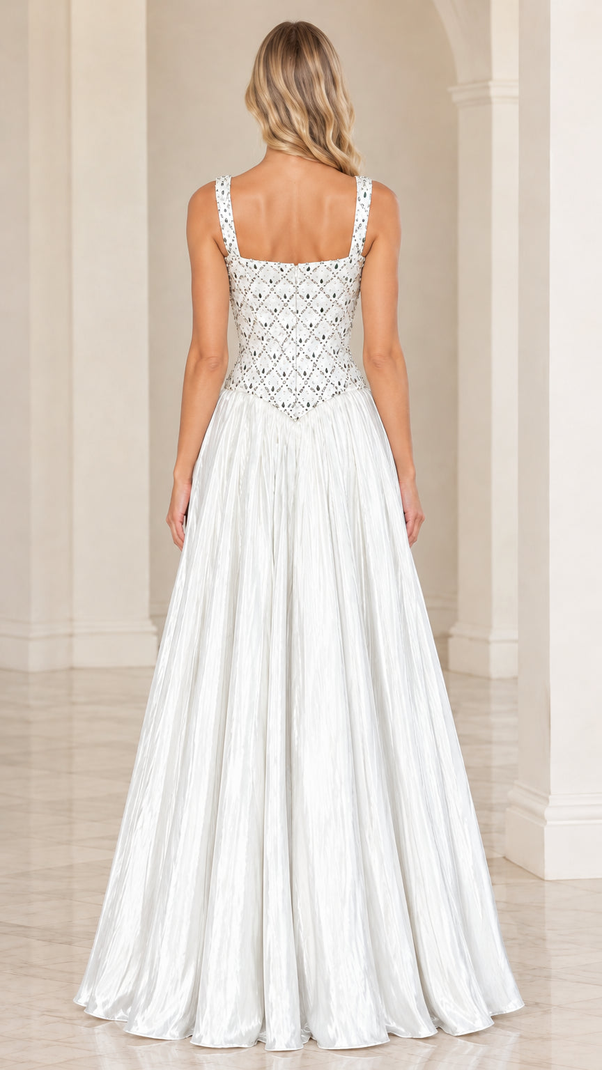 Back view of white square neck evening dress with drop-waist skirt