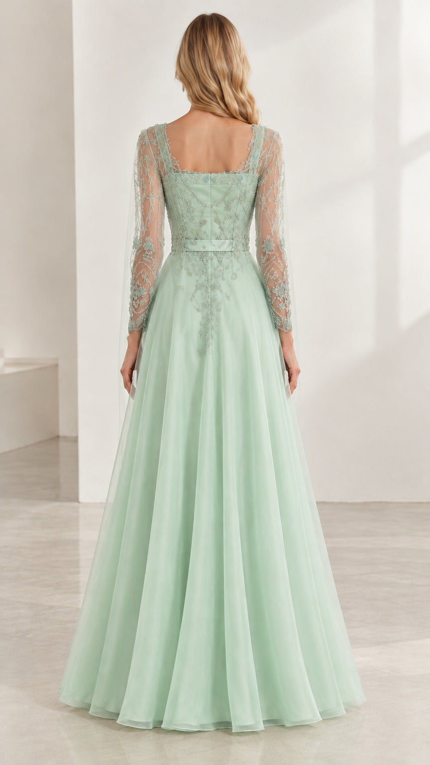 Back view of sage green formal evening gown with square back neckline