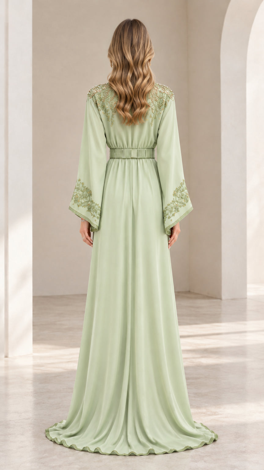 Back view of woman wearing sage green floor-length kaftan dress with back embroidery