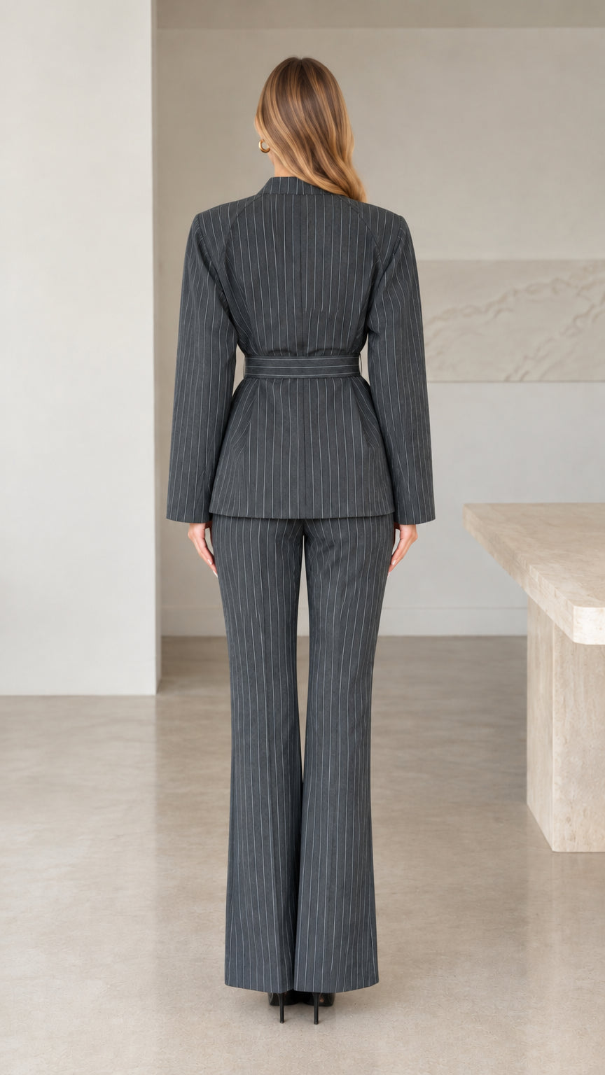 Back view of woman wearing charcoal grey pinstripe tie-waist suit set