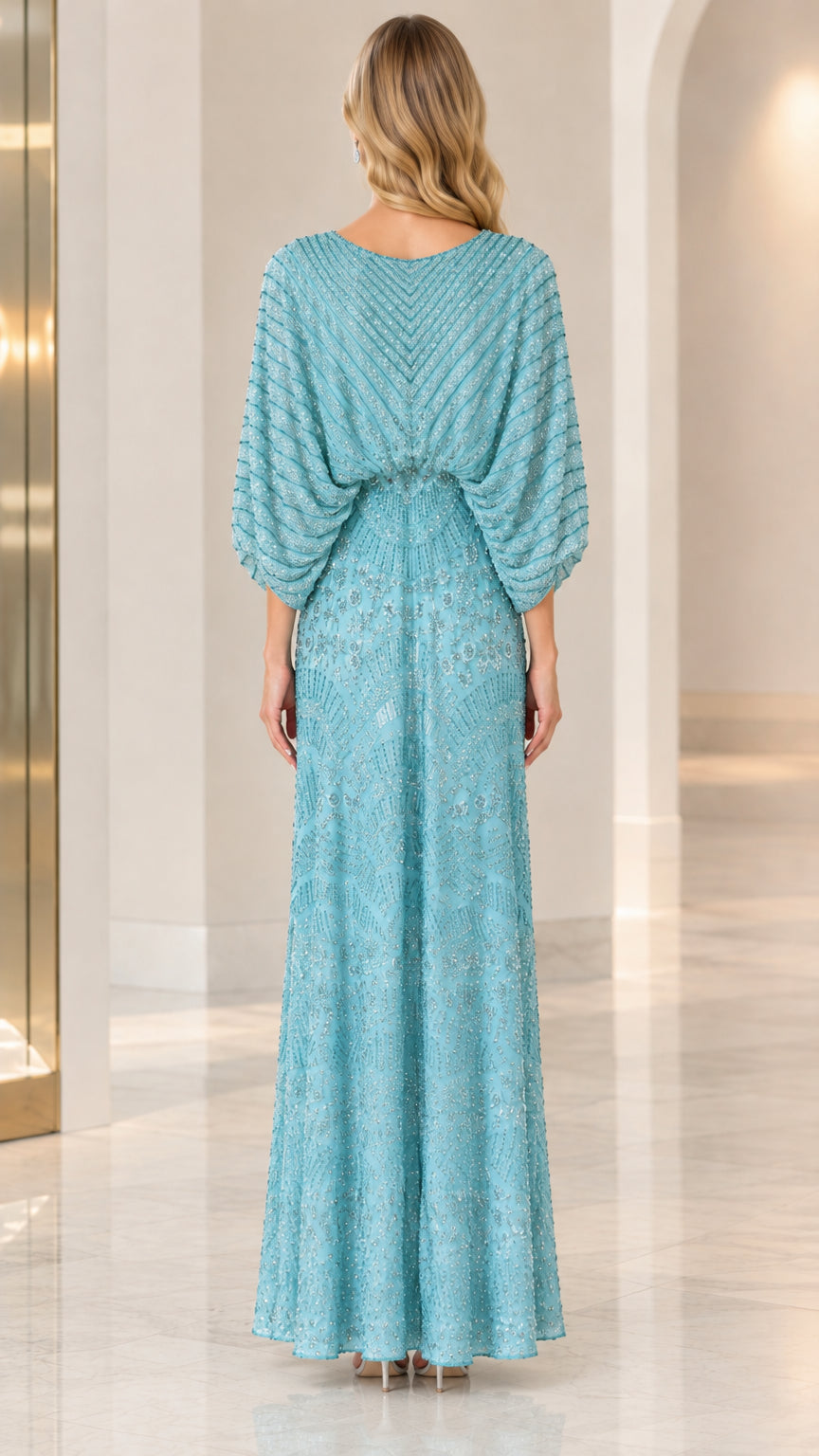 Aqua floor-length sequin gown back view