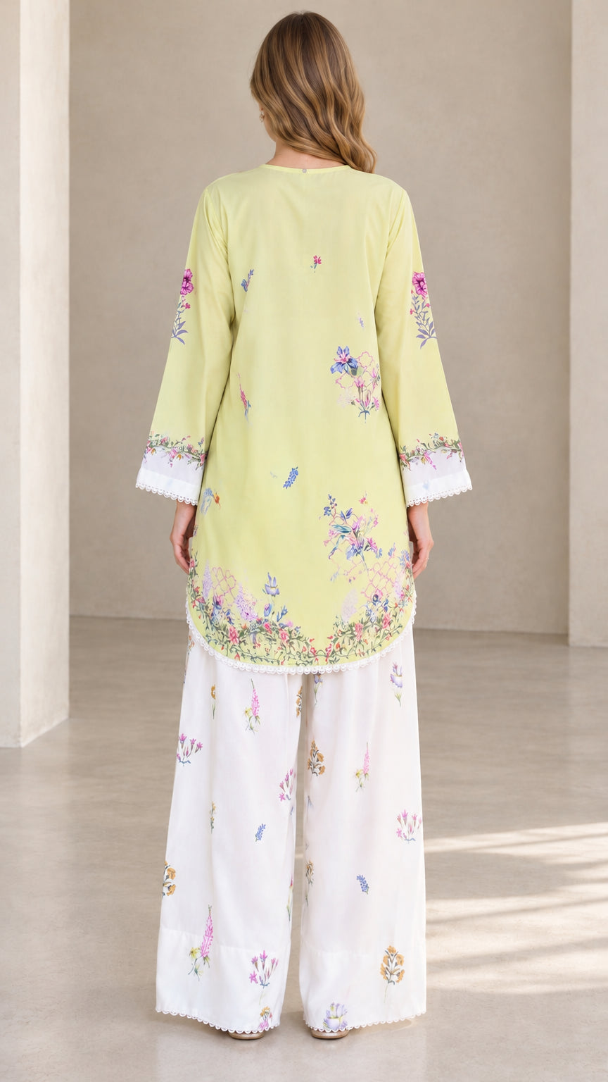 Back view of model in Light Yellow longline tunic top and wide leg palazzo pants
