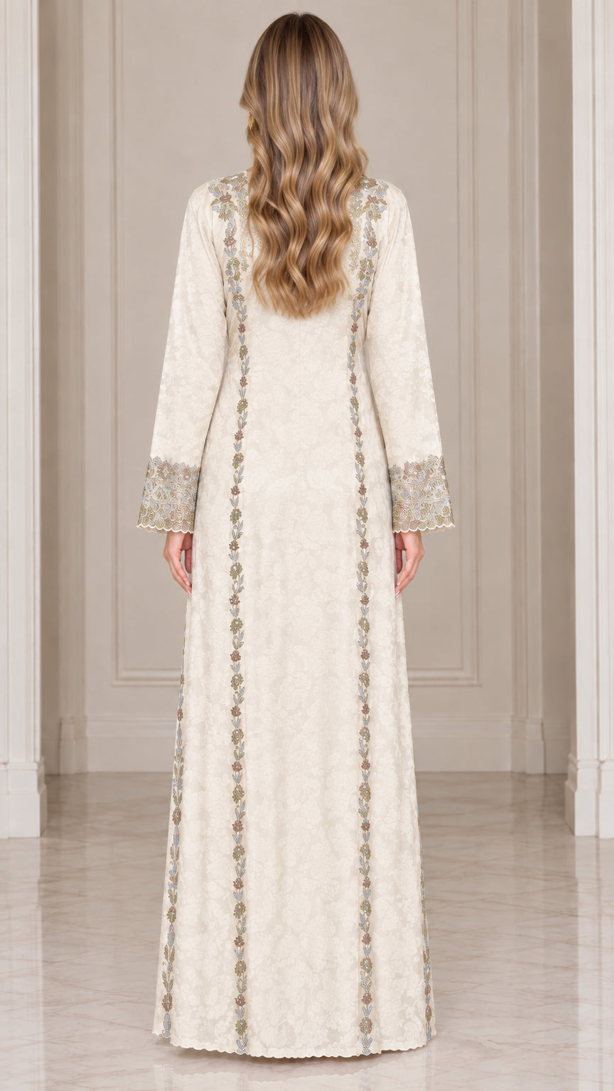 Back full-length view of ivory embroidered kaftan dress showing back panel embroidery