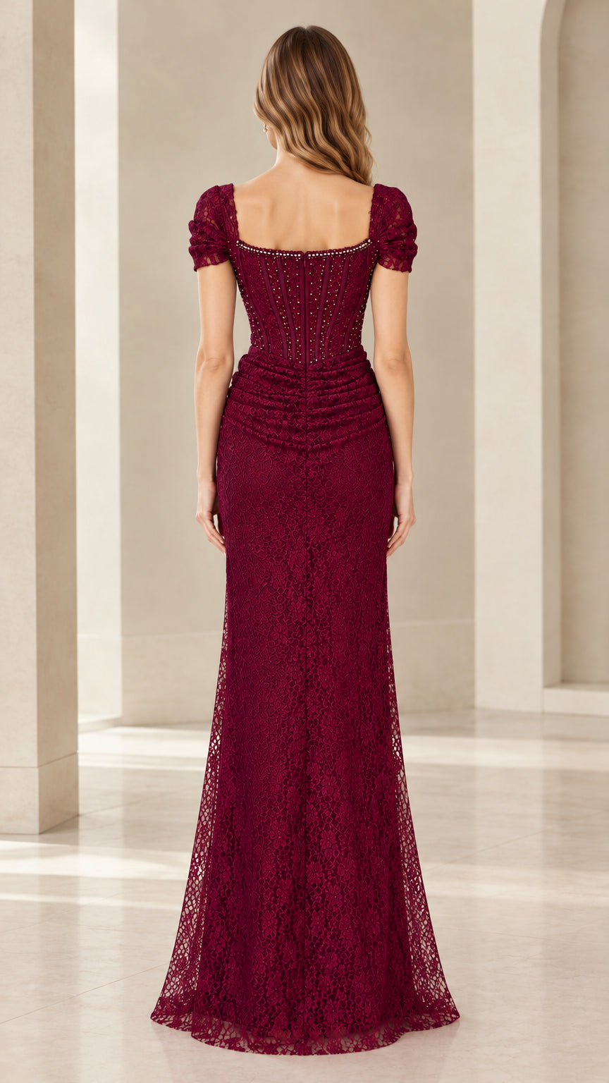 Back view of Burgundy lace gown showing square back neckline and flattering fit