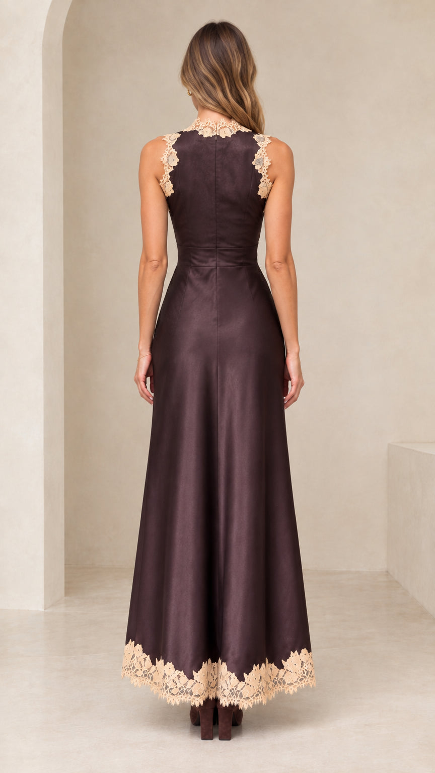 Back view of model in espresso brown sleeveless lace trim evening dress