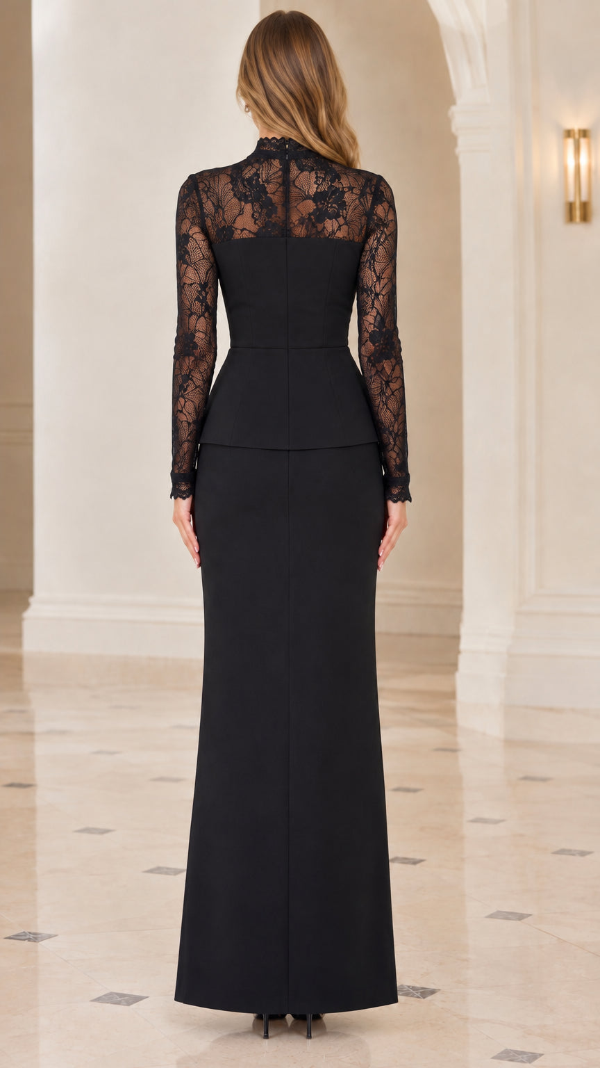 Back view of black lace high neck evening gown showing sheer lace back