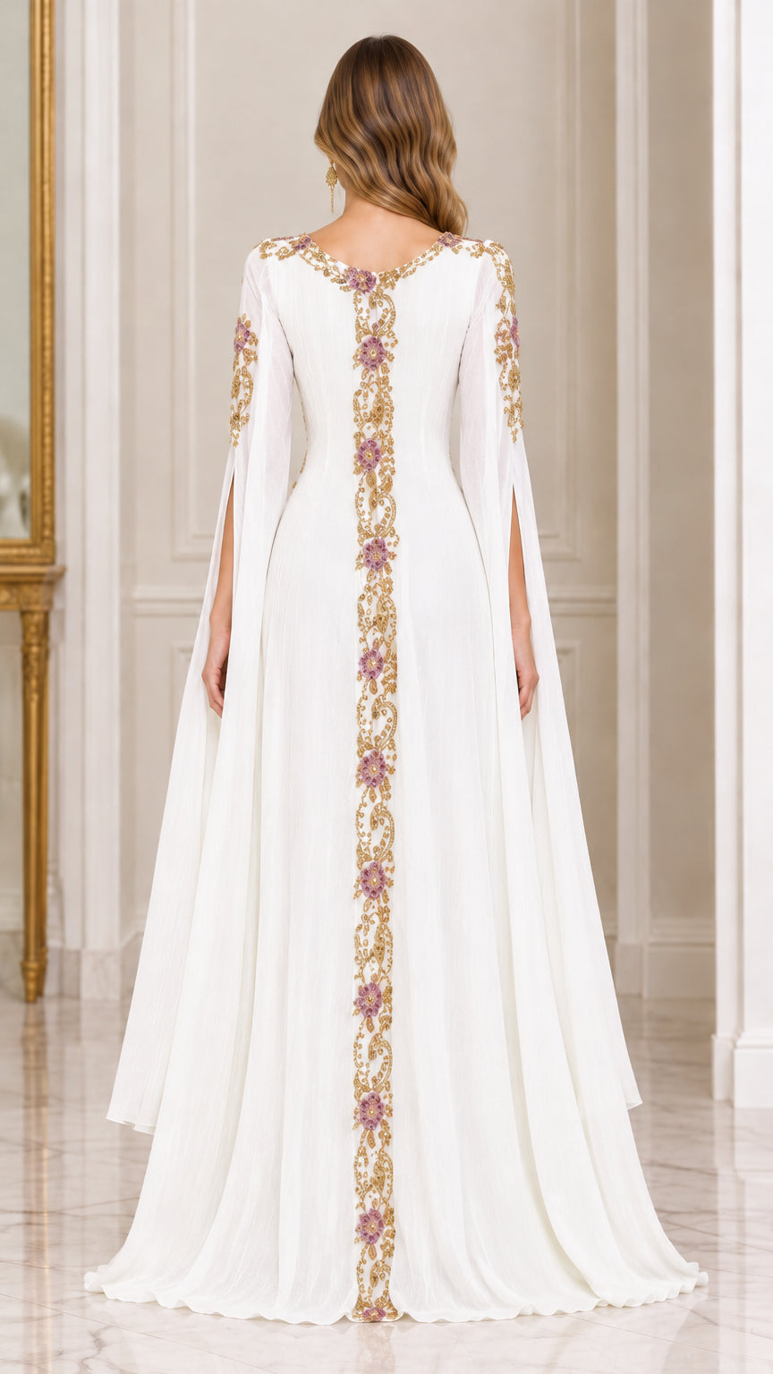 Back view of white formal embroidered gown displaying continuous back trim detail