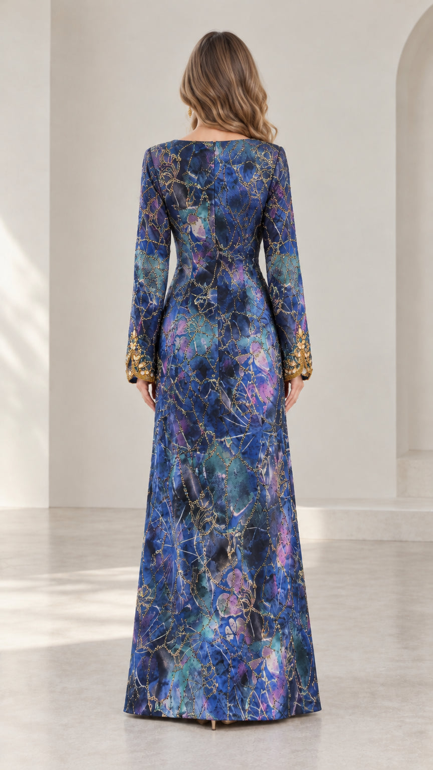 Back view of royal blue kaftan maxi dress showing smooth tailored fit