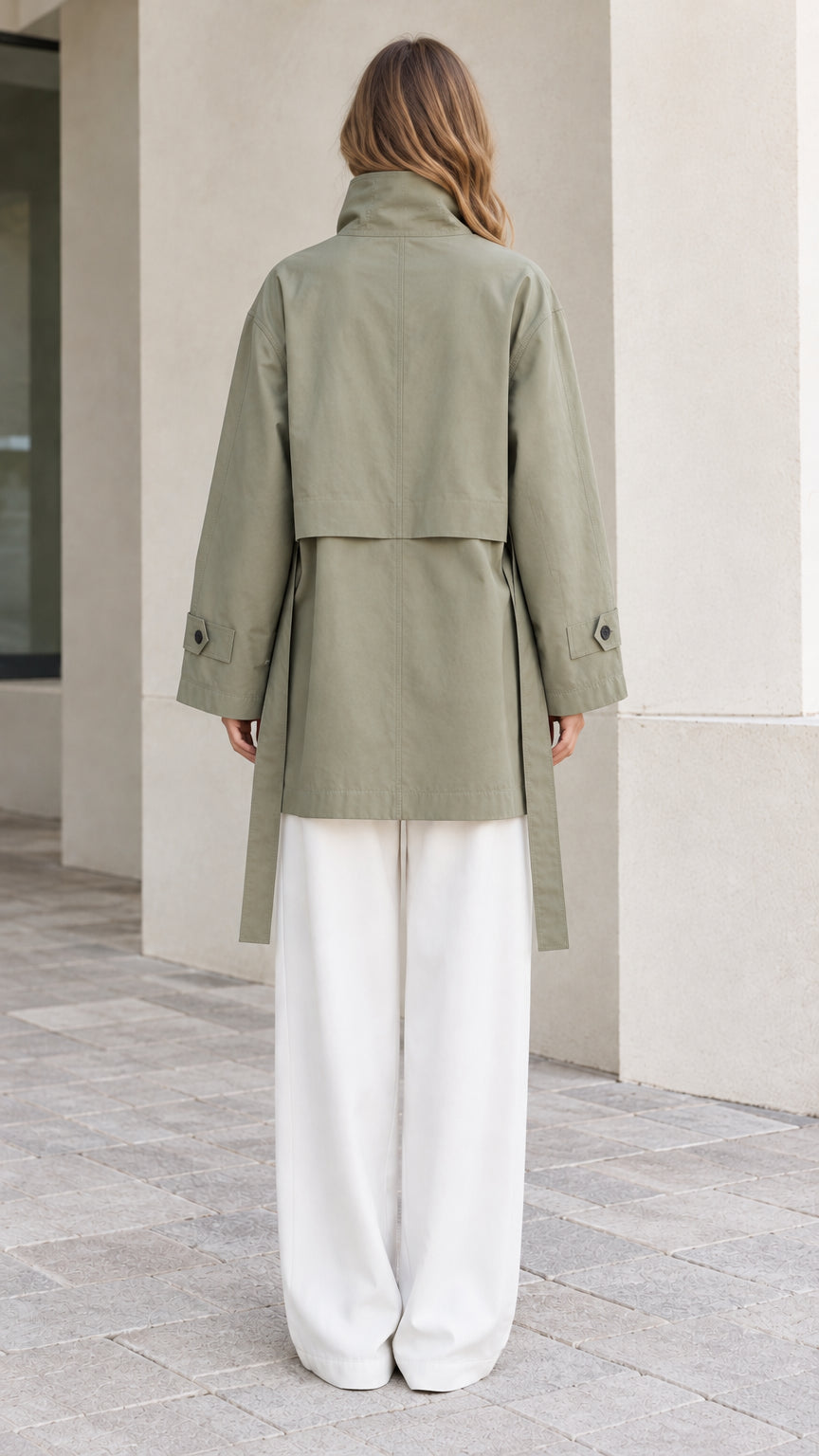 Back view of Sage Green high-neck jacket showcasing rear storm flap and waist belt