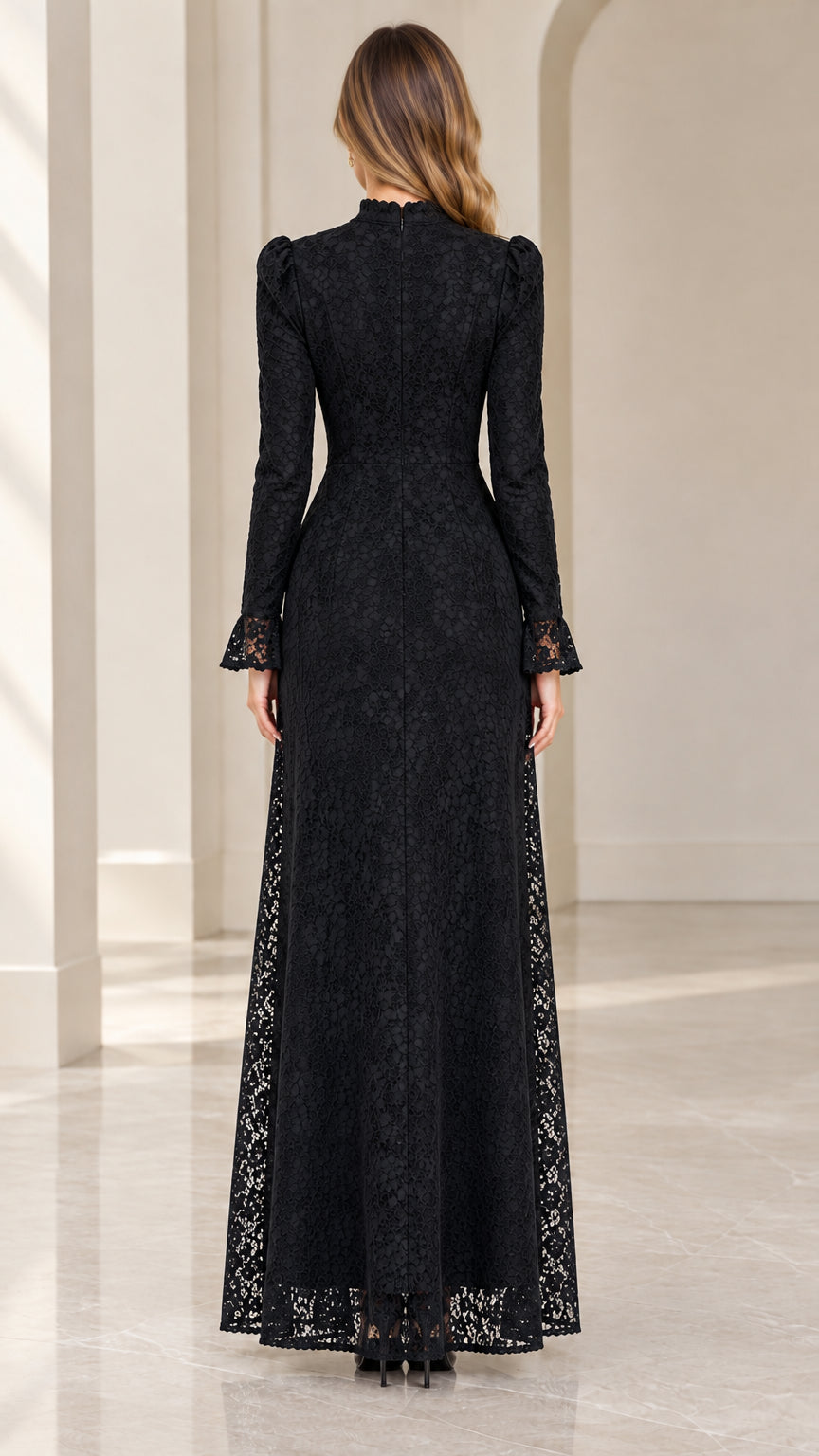 Back view of woman wearing Black floral lace high-neck maxi gown