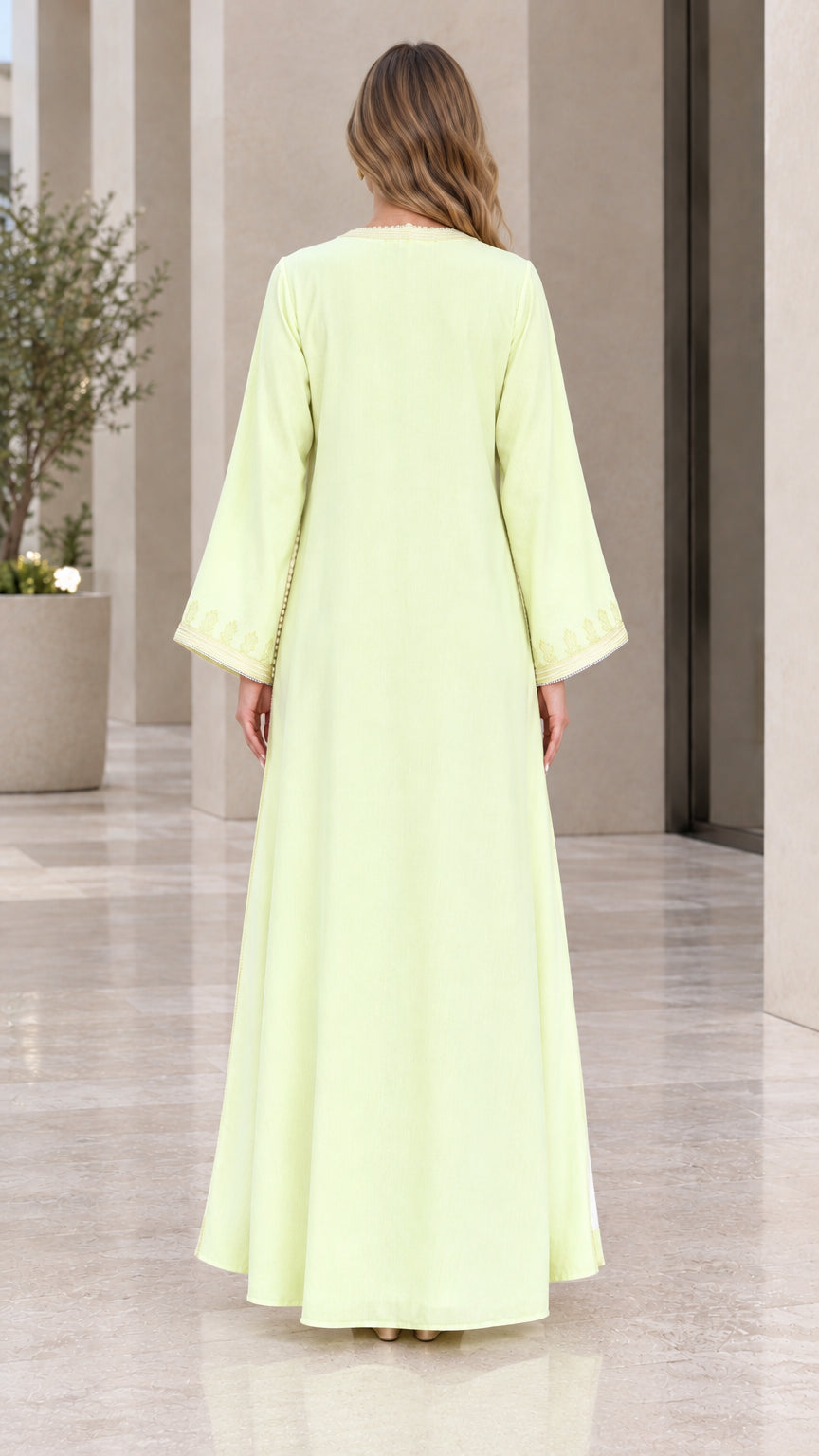 Light green floor length flowy kaftan maxi dress back view