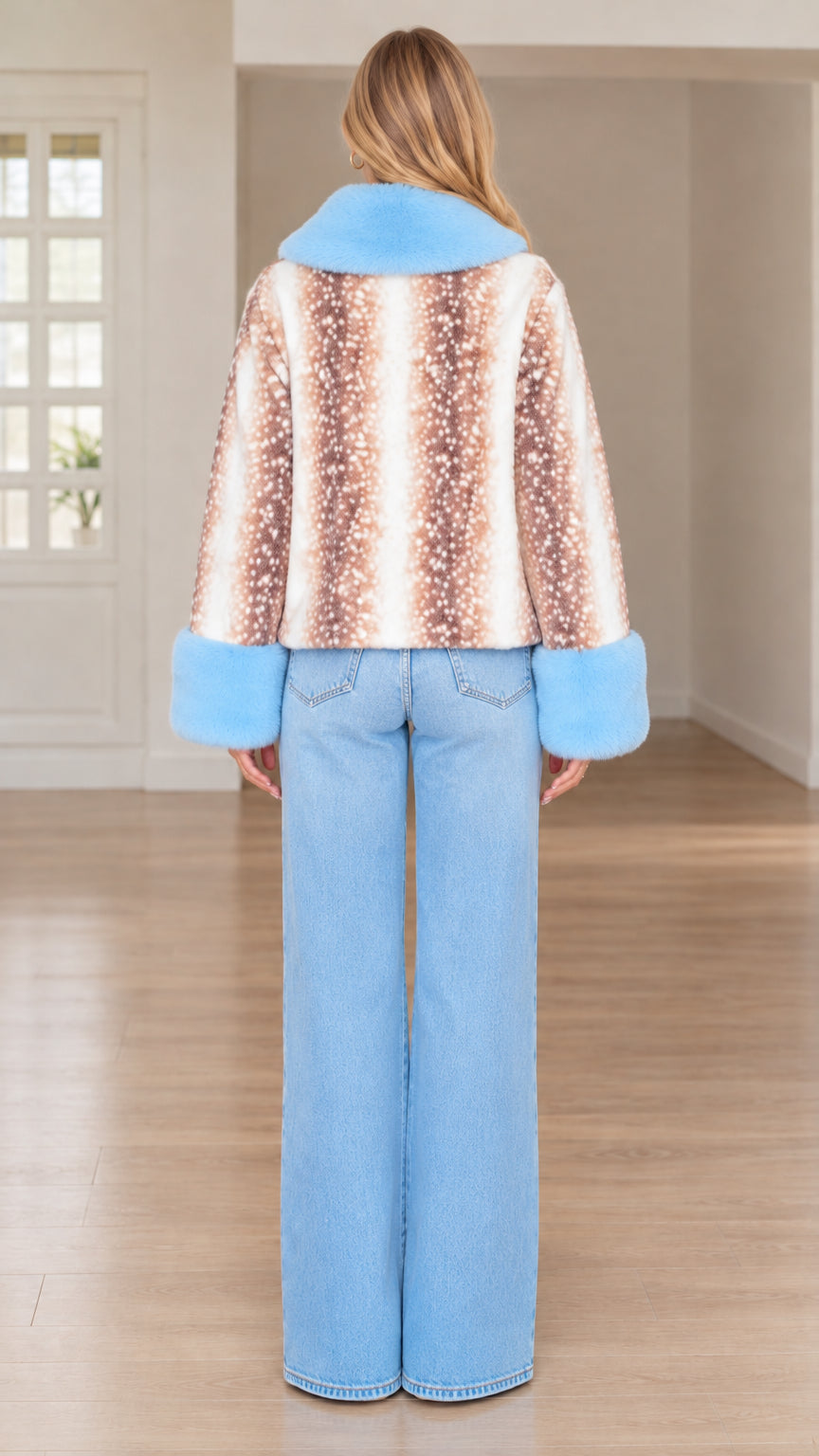 Back view of model wearing brown spotted faux fur jacket with light blue trim