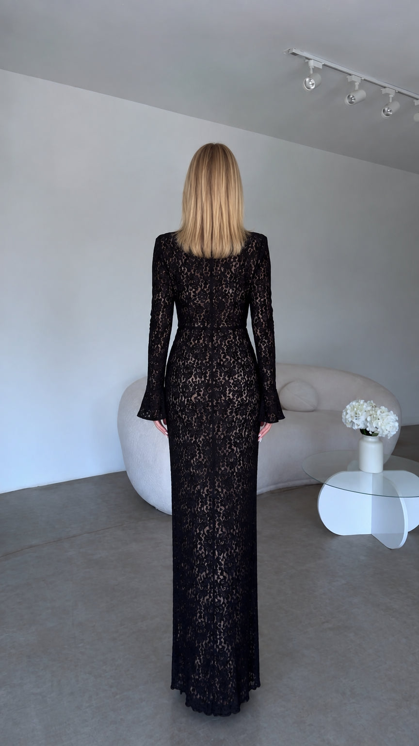 Back view of tailored long sleeve black lace maxi gown