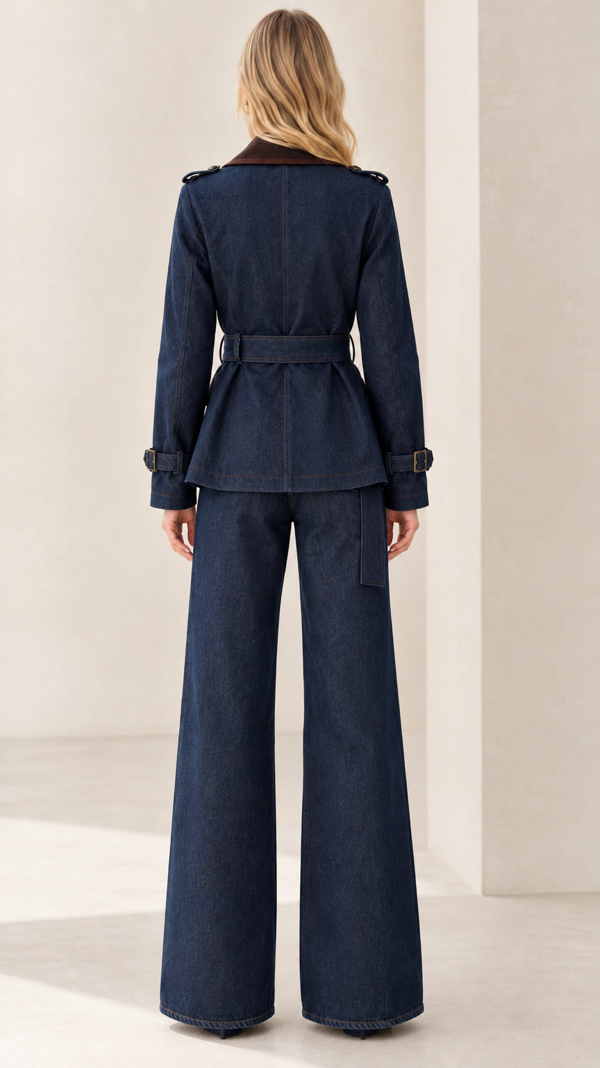 Back view of navy blue belted two-piece suit set showing clean tailored fit