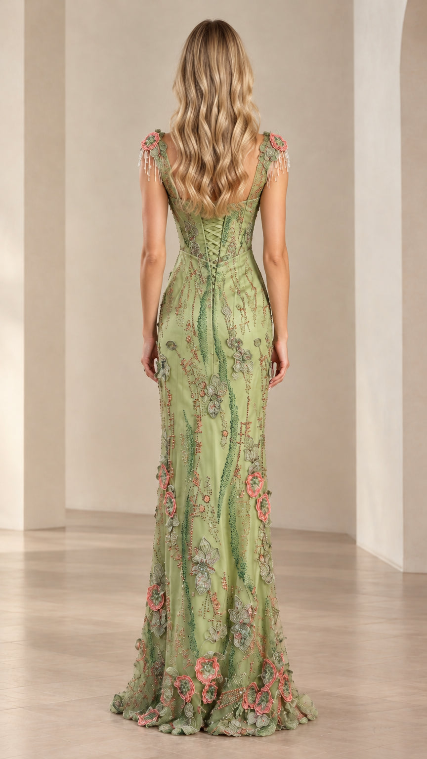 Back view of sage green embroidered corset evening dress