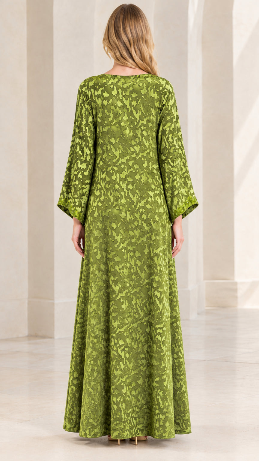 Back view of Olive Green flowing textured kaftan maxi dress