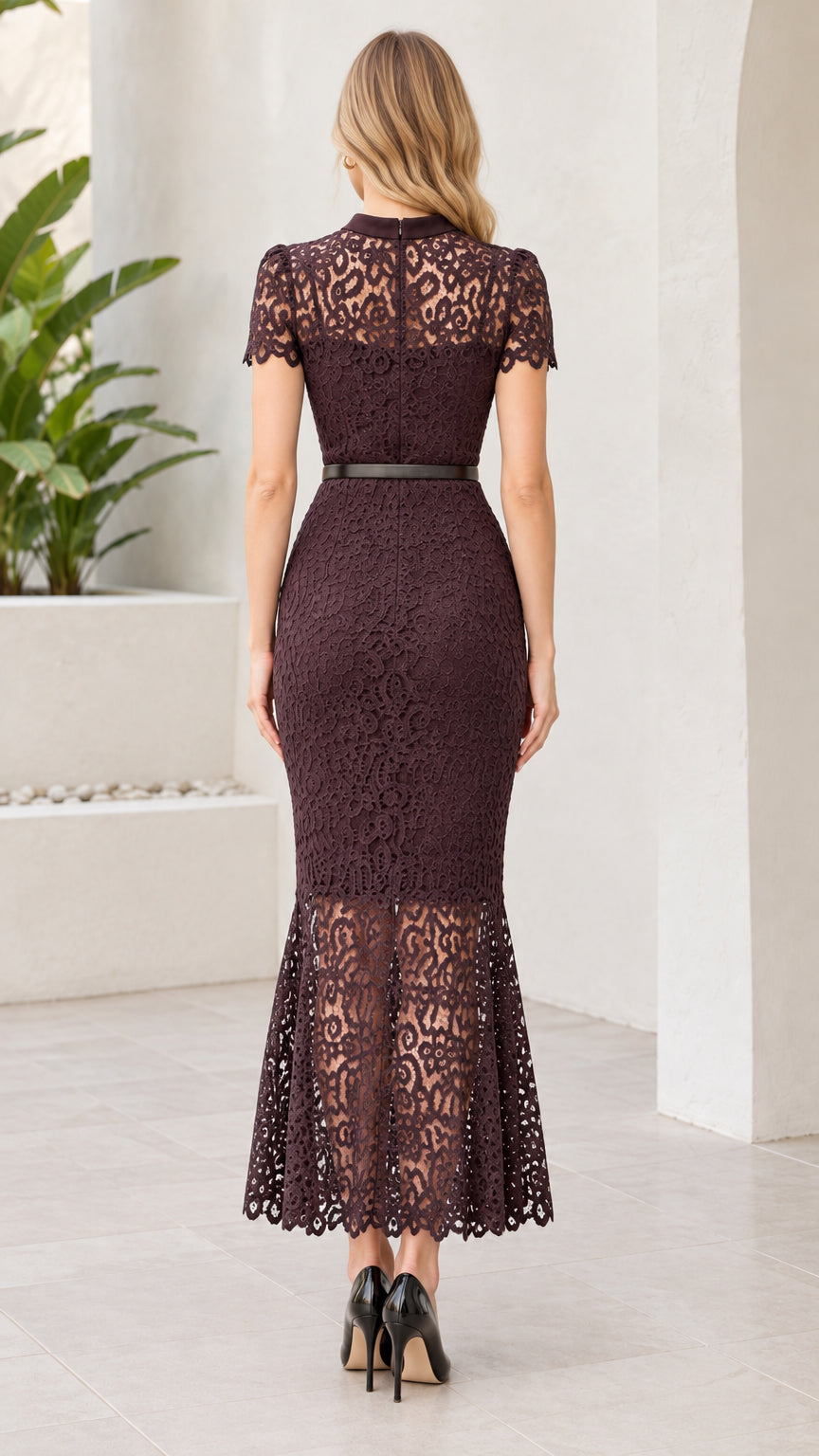 Back view of plum lace mermaid maxi dress showing back keyhole detail