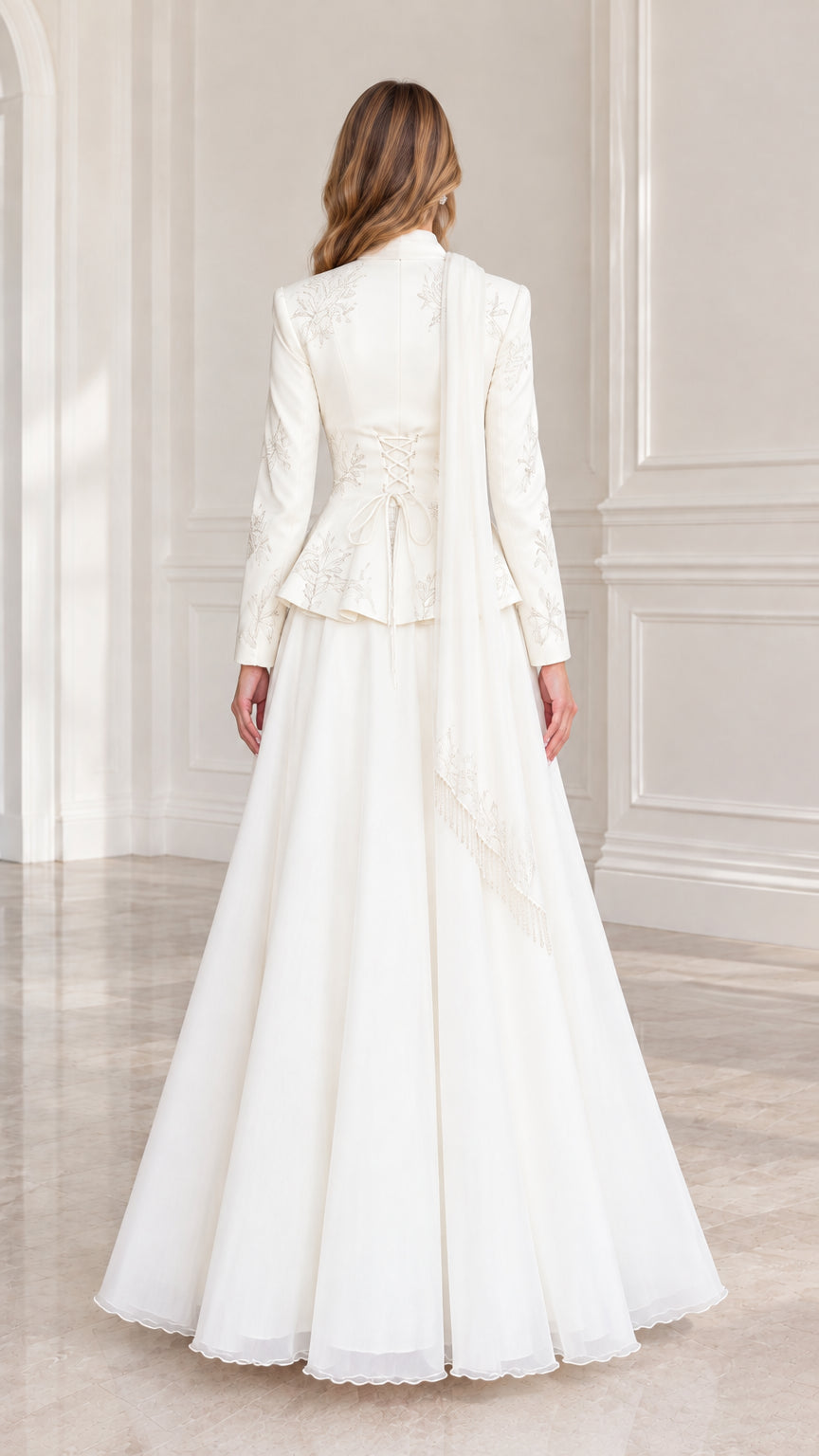 Back view of Ivory formal gown highlighting the lace-up corset back detail
