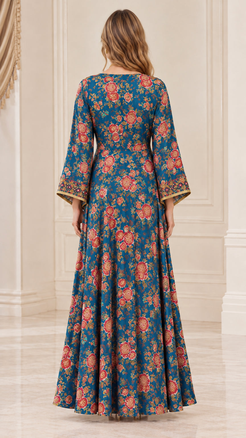 Back view of woman wearing peacock blue vintage floral maxi dress