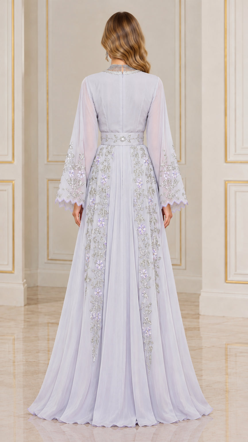Back view of model wearing lilac floor-length embellished evening gown
