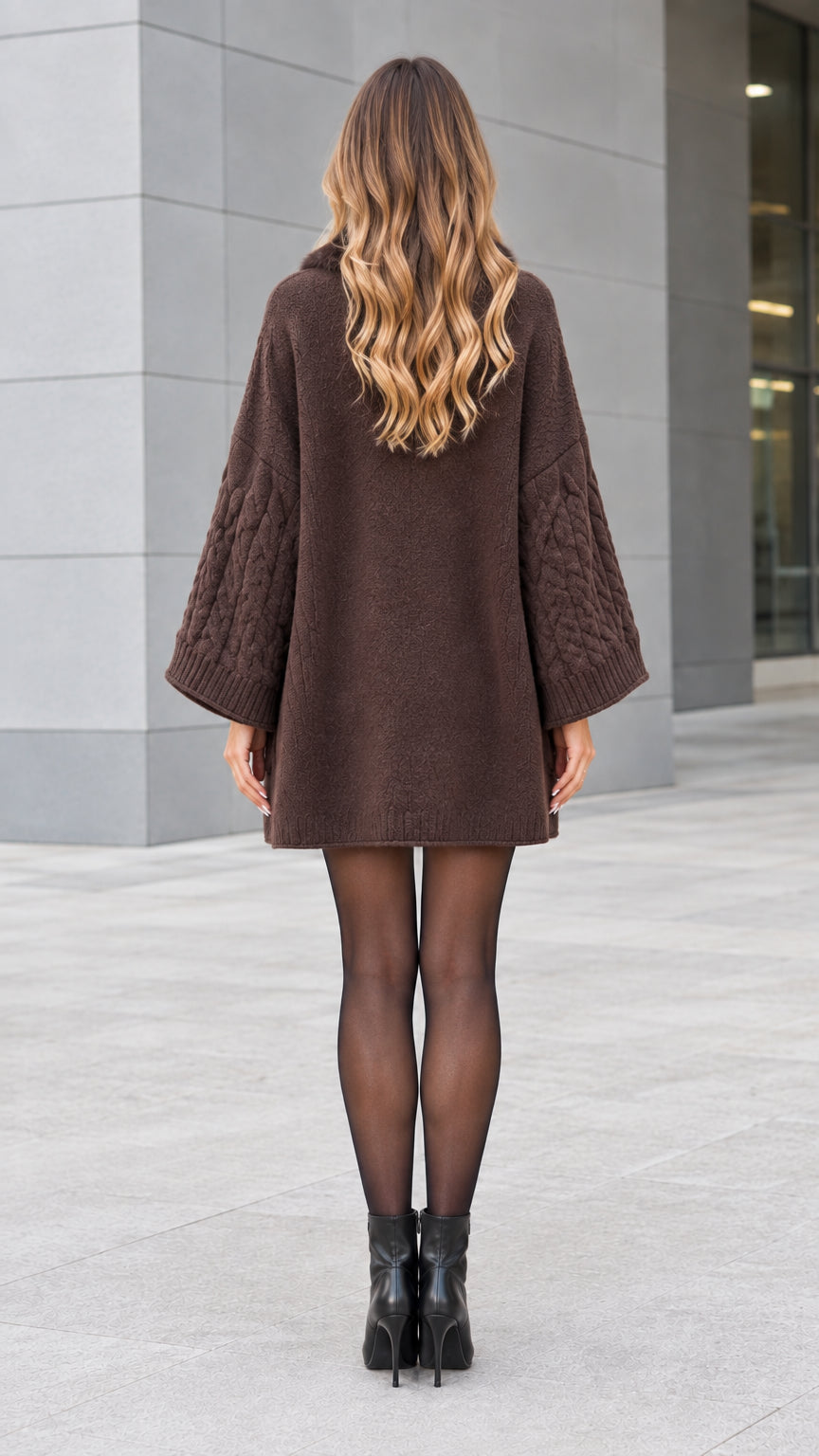 Back view of woman wearing brown knit cardigan coat with wide sleeves