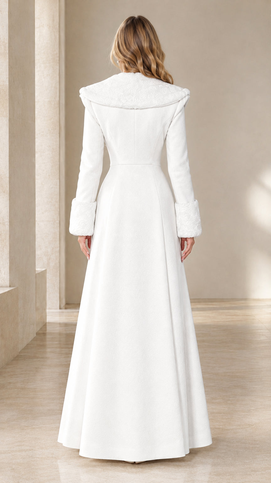 Back view of white formal A-line floor-length coat