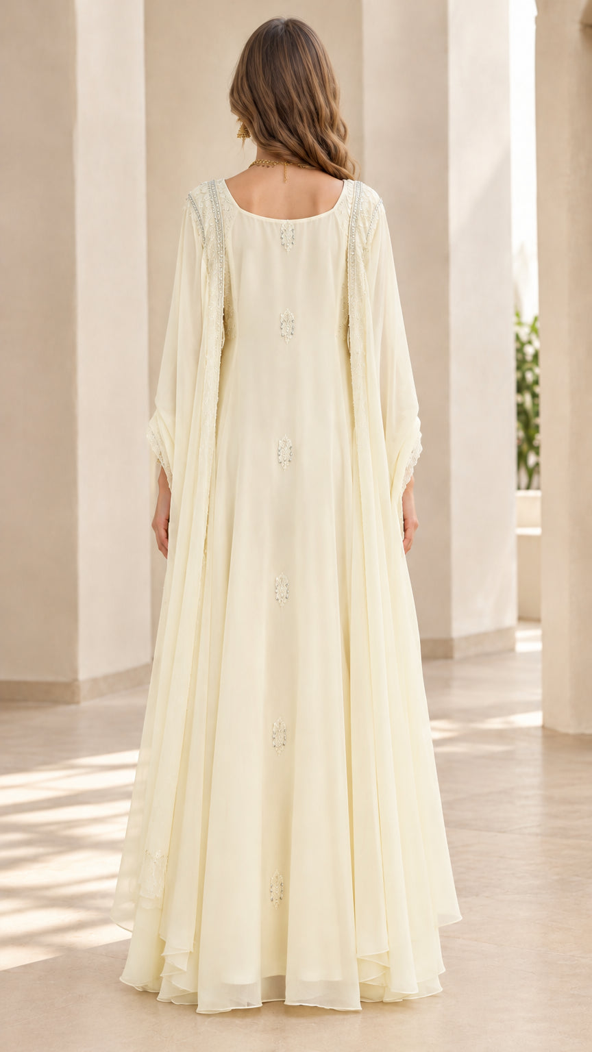 Back view of ivory floor-length evening gown with draped cape effect
