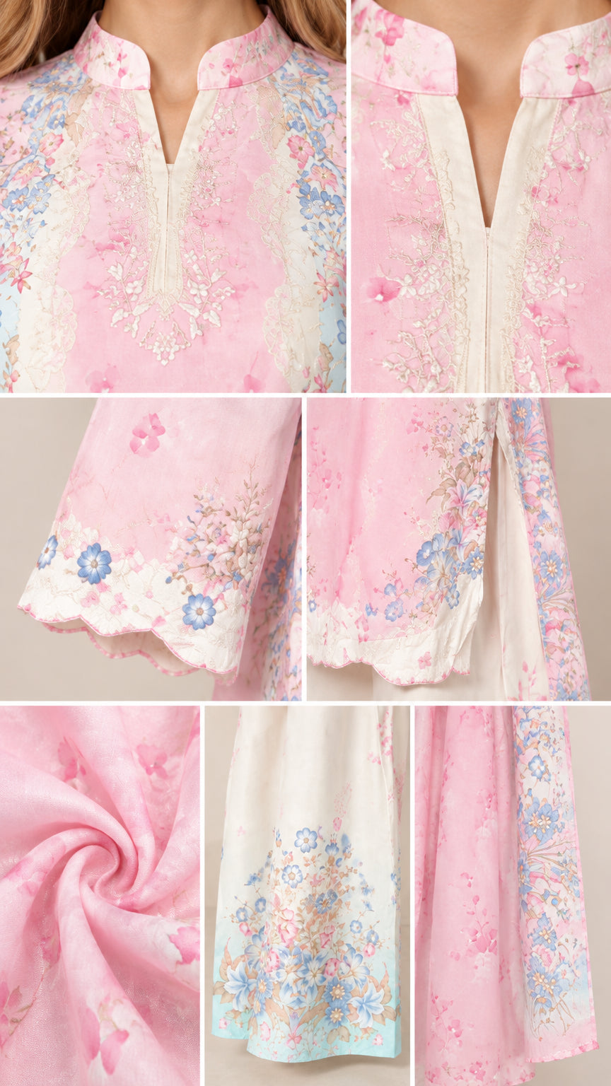 Close-up details of neckline, scalloped sleeves, hemline, and floral fabric texture