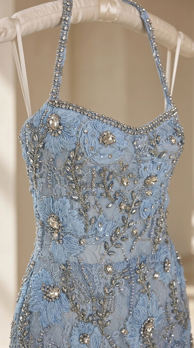 Close-up detail of floral embroidery and crystal embellishments on halter bodice