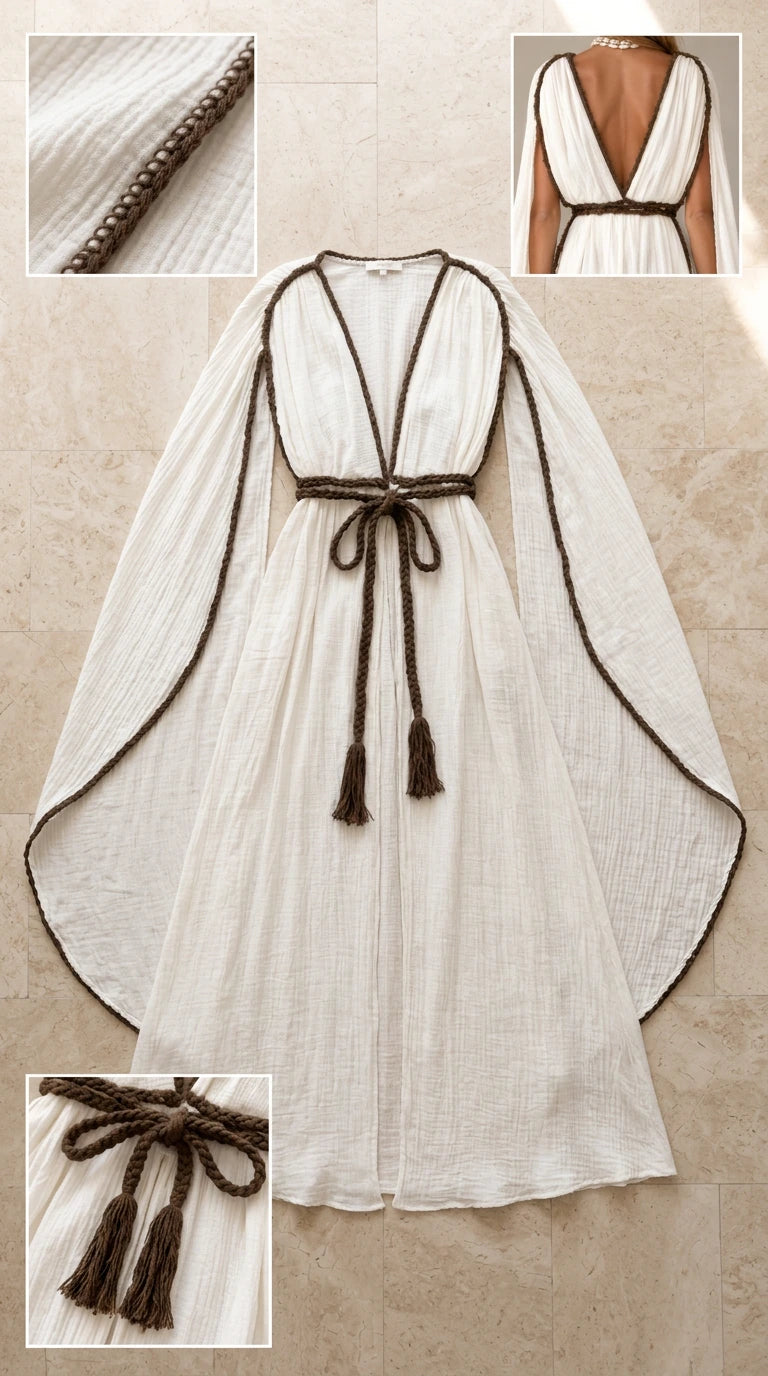 Flat lay and detail shots of white dress with braided trim and tassel rope tie