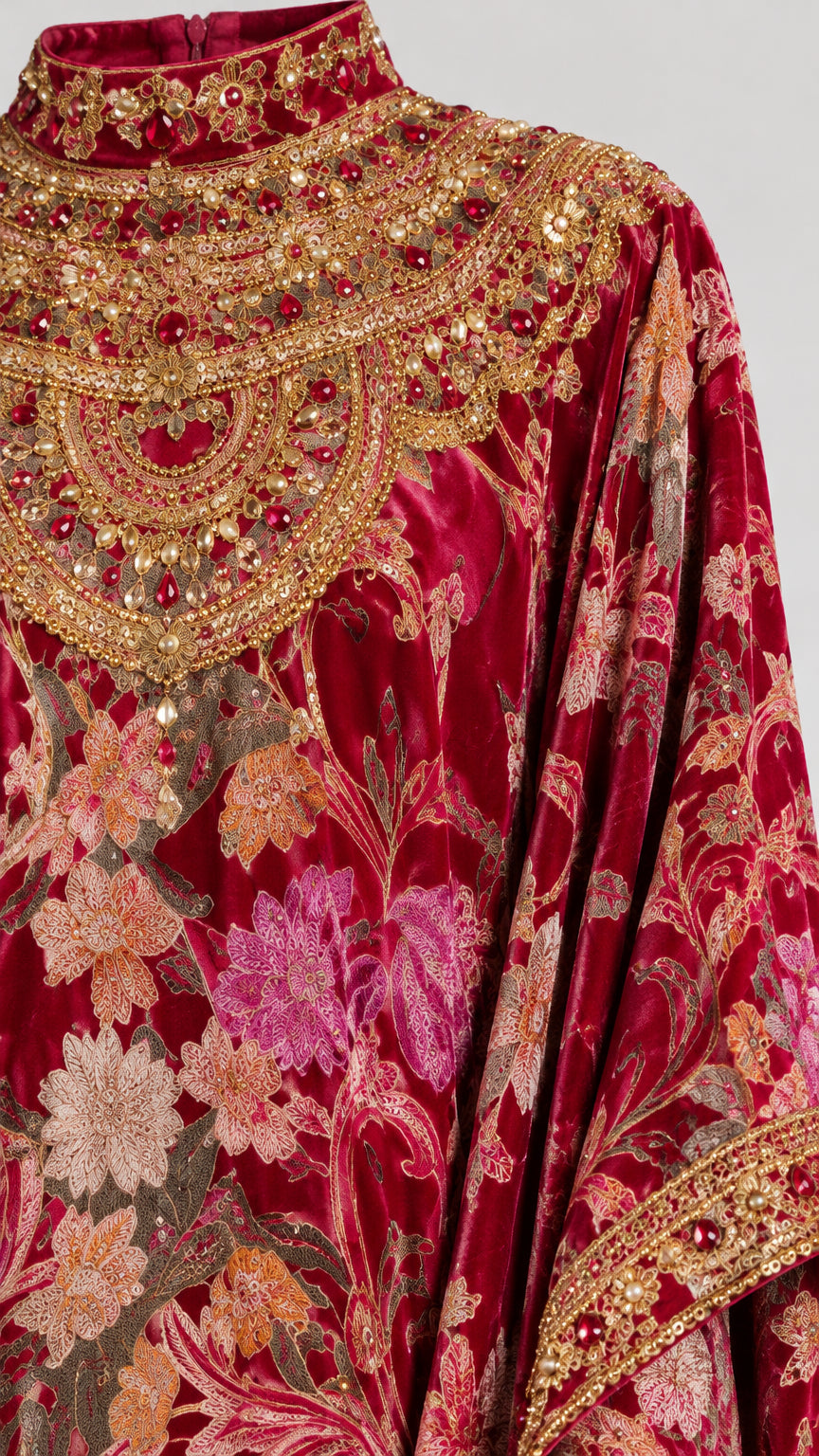 Close-up detail of ornate gold embroidery and beadwork on the high neckline of the burgundy dress