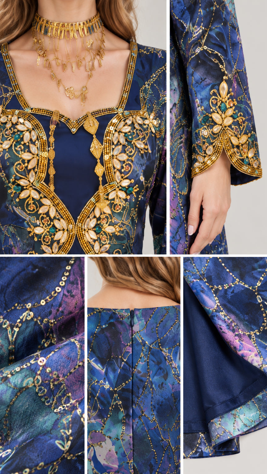 Close-up details of gold embroidery, rhinestone embellishments, and rear zipper