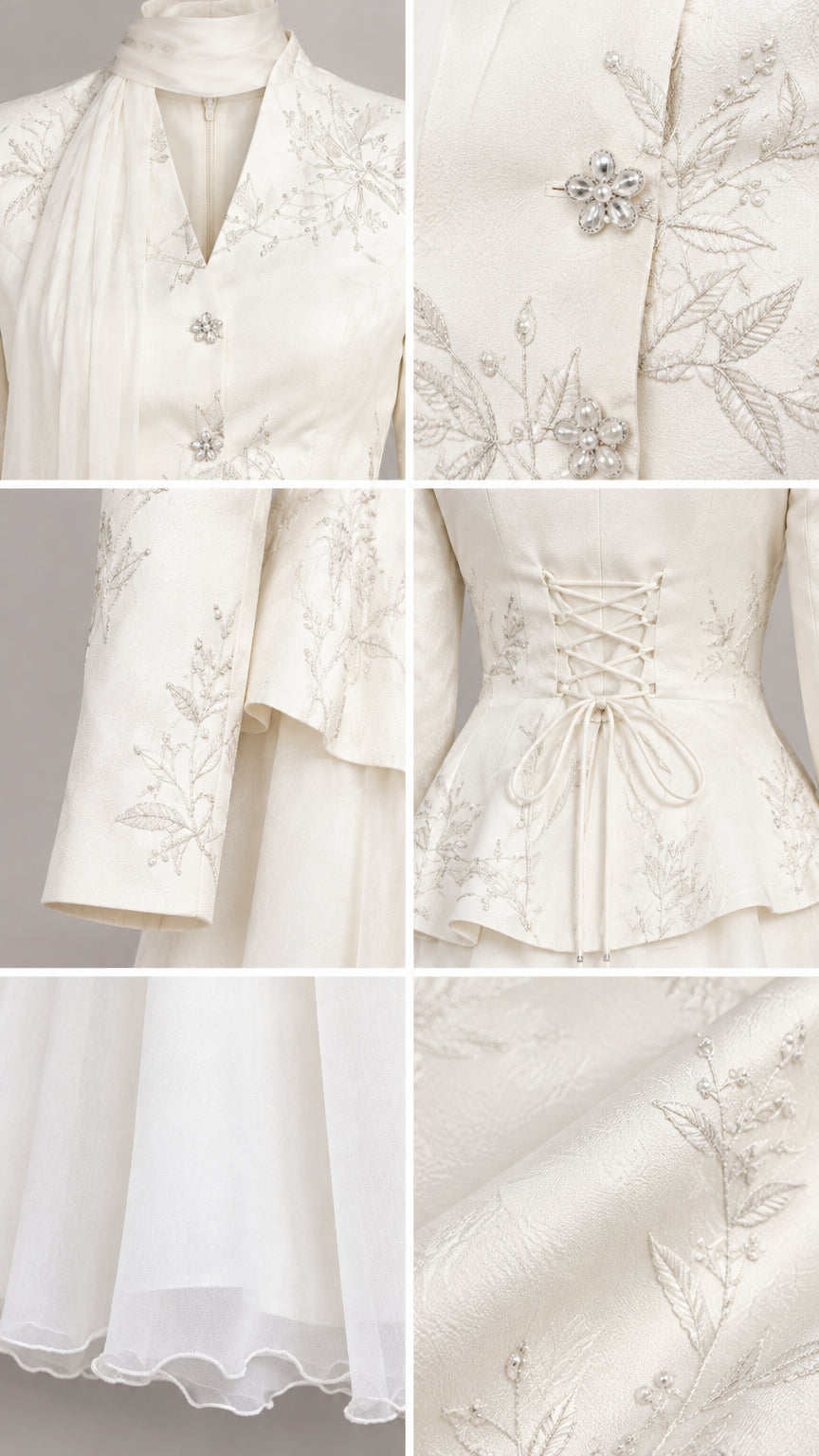 Close-up details of embroidery, rhinestone buttons, and lace-up corset tailoring