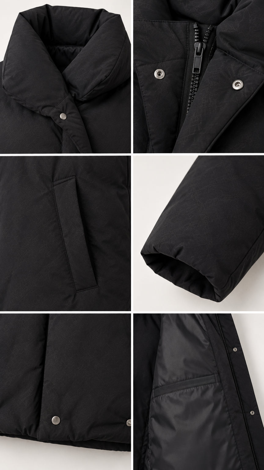 Detailed close-up collage showing collar, zipper, snap buttons, pocket, and interior lining