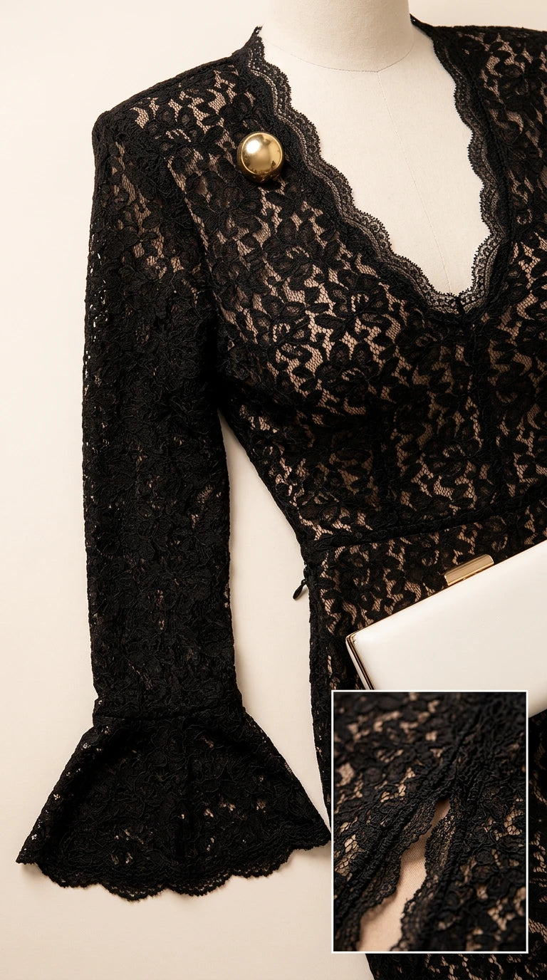 Close-up detail of scalloped V-neck, lace texture, and flared sleeve cuffs
