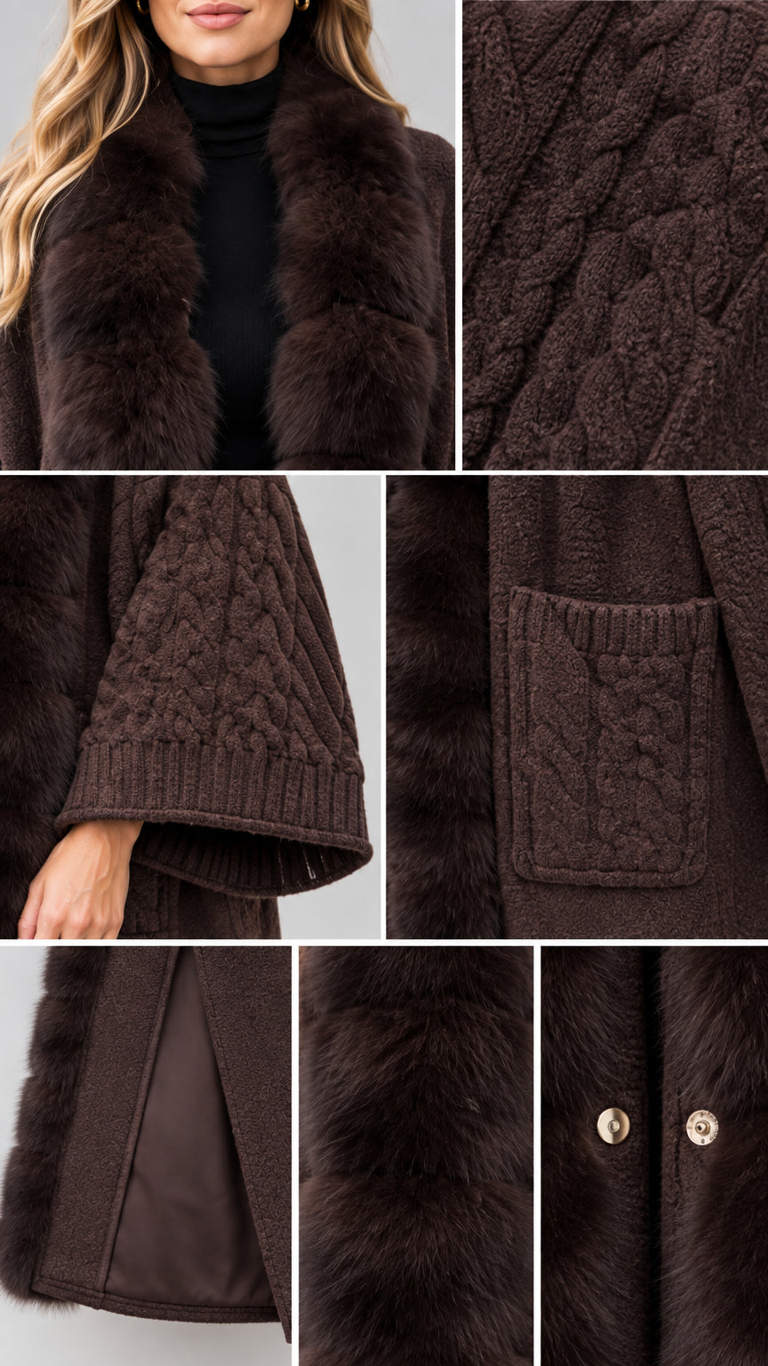 Close-up details of plush faux fur collar, cable knit sleeve, pocket, and lining snaps