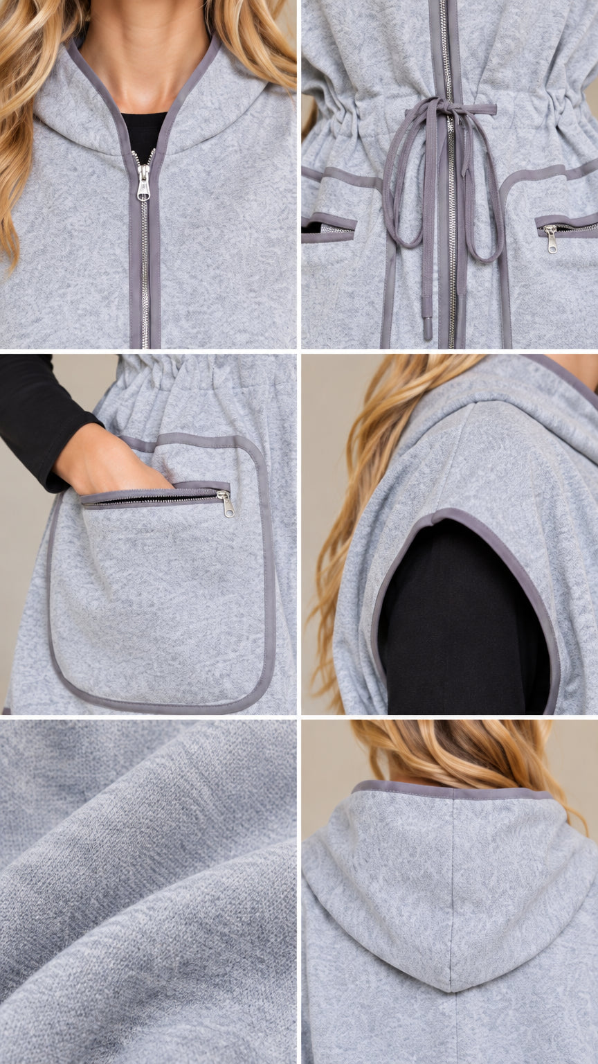 Close-up details of front zipper, waist drawstring, zip pocket with contrast trim, and soft knit texture